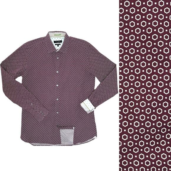 TED BAKER Modern Fit Button Up Shirt Wrinkle Resistant Work Night Out Red 15.5 - Picture 1 of 10